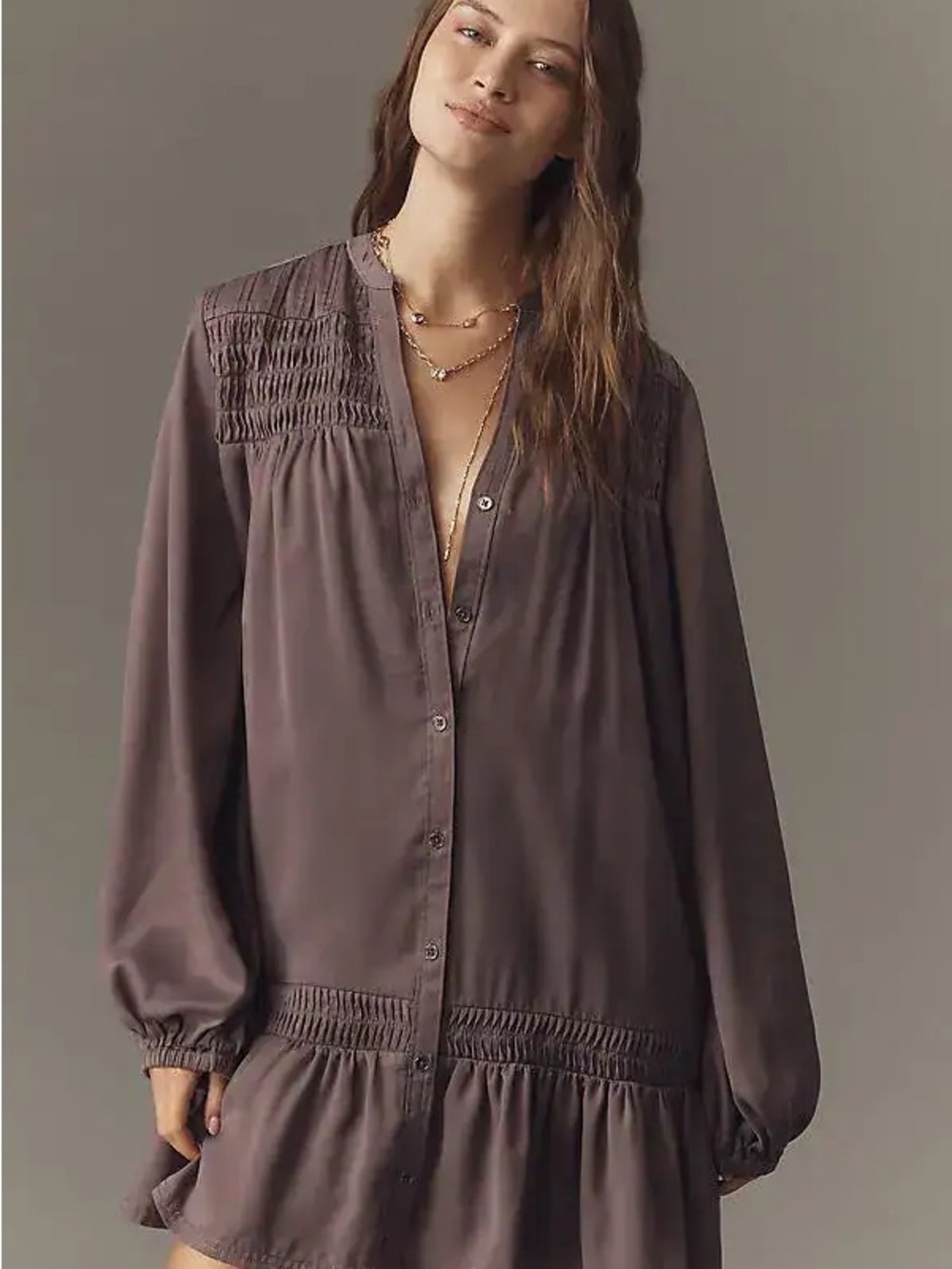 Anthropologie Pilcro Long-Sleeve V-Neck Mini Shirt Dress